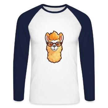 Alpaca Wearing Glasses Cartoon Kawaii Illustration - Unisex Long Sleeve Baseball T-Shirt - white/navy - Front - Nik (191cm)