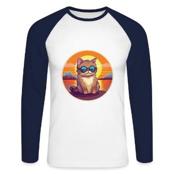 Chat Drôle de dessin animé Kawaii Beach Illustration - T-shirt baseball manches longues Homme - blanc/marine - Devant - Nik (191cm)