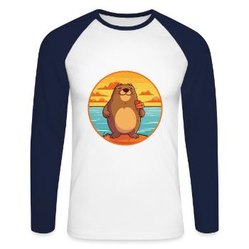 Beaver Funny Cartoon Kawaii Beach Illustration - Unisex Long Sleeve Baseball T-Shirt - white/navy - Front - Nik (191cm)