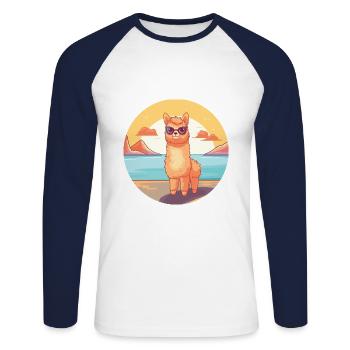 Alpaca Funny Cartoon Kawaii Beach Illustration - Unisex Long Sleeve Baseball T-Shirt - white/navy - Front - Nik (191cm)