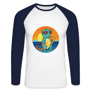 Chameleon Funny Cartoon Kawaii Beach Illustration - Unisex Long Sleeve Baseball T-Shirt - white/navy - Front - Nik (191cm)