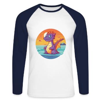 Drache lustige Karikatur Kawaii Strand Illustration - Unisex Baseballshirt langarm - Weiß/Navy - Vorne - Nik (191cm)