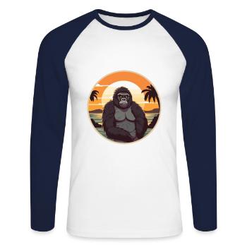 Gorilla Funny Cartoon Kawaii Beach Illustration - Unisex Long Sleeve Baseball T-Shirt - white/navy - Front - Nik (191cm)