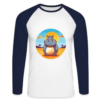 Nilpferd Lustige Karikatur Kawaii Strand Illustration - Unisex Baseballshirt langarm - Weiß/Navy - Vorne - Nik (191cm)