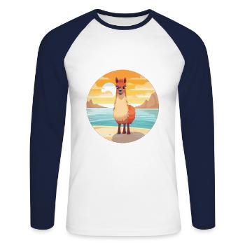 Llama Funny Cartoon Kawaii Beach Illustration - Unisex Long Sleeve Baseball T-Shirt - white/navy - Front - Nik (191cm)