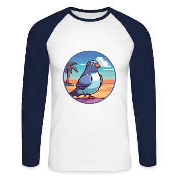 Pigeon Drôle de dessin animé Kawaii Beach Illustration - T-shirt baseball manches longues Homme - blanc/marine - Devant - Nik (191cm)