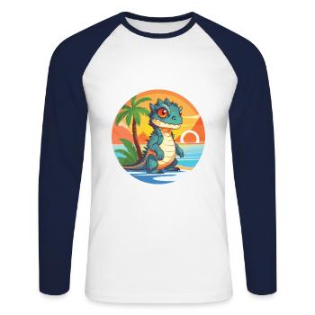 Iguana Funny Cartoon Kawaii Beach Illustration - Unisex Long Sleeve Baseball T-Shirt - white/navy - Front - Nik (191cm)