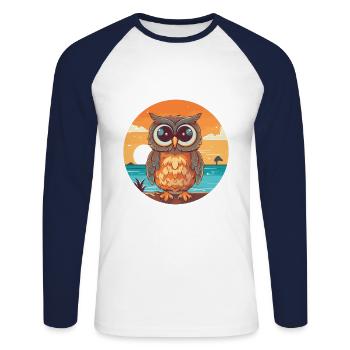 Owl Funny Cartoon Kawaii Beach Illustration - Unisex Long Sleeve Baseball T-Shirt - white/navy - Front - Nik (191cm)