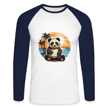 Panda Funny Cartoon Kawaii Beach Illustration - Unisex Long Sleeve Baseball T-Shirt - white/navy - Front - Nik (191cm)