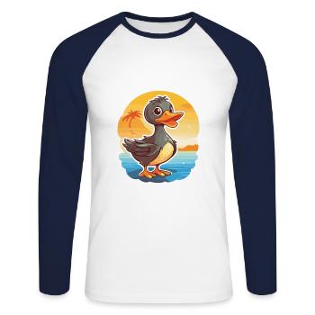 Duck Funny Cartoon Kawaii Beach Illustration - Unisex Long Sleeve Baseball T-Shirt - white/navy - Front - Nik (191cm)
