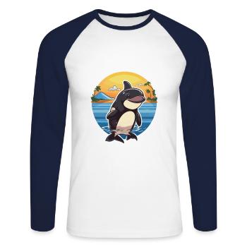 Orca Funny Cartoon Kawaii Beach Illustration - Unisex Long Sleeve Baseball T-Shirt - white/navy - Front - Nik (191cm)