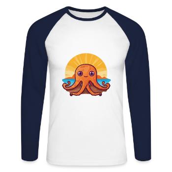 Octopus Funny Cartoon Kawaii Beach Illustration - Unisex Long Sleeve Baseball T-Shirt - white/navy - Front - Nik (191cm)