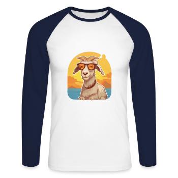Goat Funny Cartoon Kawaii Beach Illustration - Unisex Long Sleeve Baseball T-Shirt - white/navy - Front - Nik (191cm)