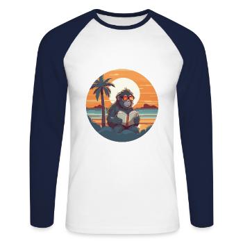 Babouin Mignon Drôle Dessin Animé Kawaii Livre Plage - T-shirt baseball manches longues Homme - blanc/marine - Devant - Nik (191cm)