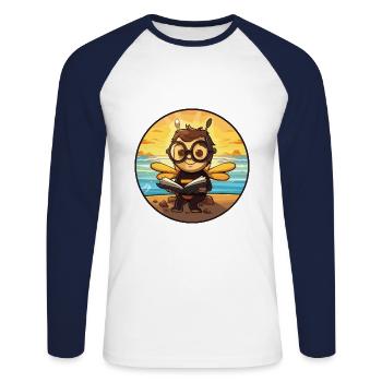 Abeille Mignon Drôle Dessin Animé Kawaii Livre Plage - T-shirt baseball manches longues Homme - blanc/marine - Devant - Nik (191cm)