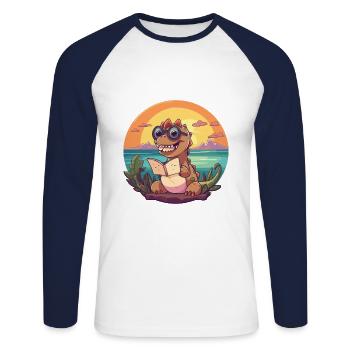 Dinosaur Cute Funny Cartoon Kawaii Book Beach - Unisex Long Sleeve Baseball T-Shirt - white/navy - Front - Nik (191cm)