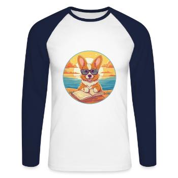 Corgi Dog Cute Funny Cartoon Kawaii Book Beach - Unisex Long Sleeve Baseball T-Shirt - white/navy - Front - Nik (191cm)