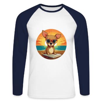 Chihuahua Chien Mignon Drôle Dessin Animé Kawaii Livre Plage - T-shirt baseball manches longues Homme - blanc/marine - Devant - Nik (191cm)