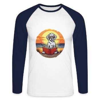 Dalmatien Mignon Drôle Dessin Animé Kawaii Livre Plage - T-shirt baseball manches longues Homme - blanc/marine - Devant - Nik (191cm)