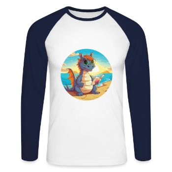 Drache Niedlich Lustige Karikatur Kawaii Buch Strand - Unisex Baseballshirt langarm - Weiß/Navy - Vorne - Nik (191cm)