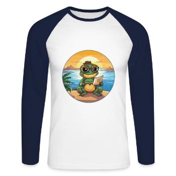 Frosch Niedlich Lustige Karikatur Kawaii Buch Strand - Unisex Baseballshirt langarm - Weiß/Navy - Vorne - Nik (191cm)