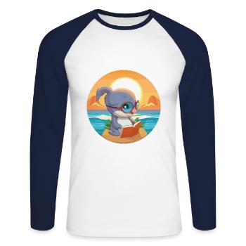 Delfin Niedlich Lustige Karikatur Kawaii Buch Strand - Unisex Baseballshirt langarm - Weiß/Navy - Vorne - Nik (191cm)