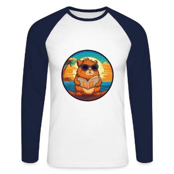 Cochon d’Inde Mignon Drôle Dessin Animé Kawaii Livre Plage - T-shirt baseball manches longues Homme - blanc/marine - Devant - Nik (191cm)