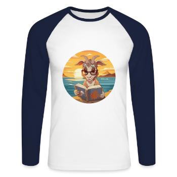 Chèvre Mignon Drôle Dessin Animé Kawaii Livre Plage - T-shirt baseball manches longues Homme - blanc/marine - Devant - Nik (191cm)