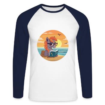 Pferd Niedlich Lustige Karikatur Kawaii Buch Strand - Unisex Baseballshirt langarm - Weiß/Navy - Vorne - Nik (191cm)