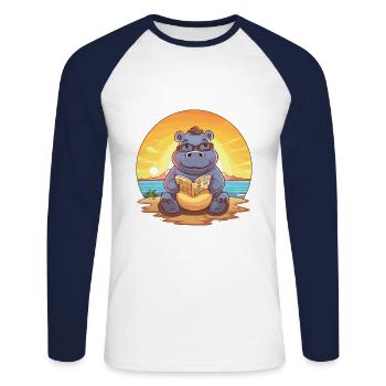 Nilpferd Niedliche Lustige Karikatur Kawaii Buch Strand - Unisex Baseballshirt langarm - Weiß/Navy - Vorne - Nik (191cm)