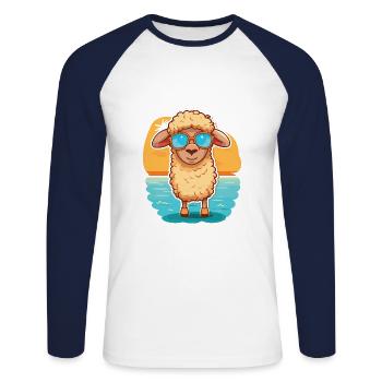 Sheep Funny Cartoon Kawaii Beach Illustration - Unisex Long Sleeve Baseball T-Shirt - white/navy - Front - Nik (191cm)