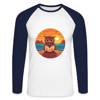 Eule Niedliche Lustige Karikatur Kawaii Buch Strand - Unisex Baseballshirt langarm - Weiß/Navy - Vorne - Nik (191cm)