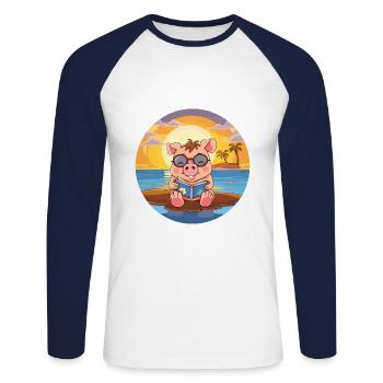 Cochon Mignon Drôle Dessin Animé Kawaii Livre Plage - T-shirt baseball manches longues Homme - blanc/marine - Devant - Nik (191cm)