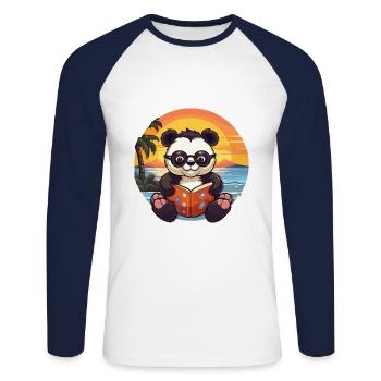 Panda Mignon Drôle Dessin Animé Kawaii Livre Plage - T-shirt baseball manches longues Homme - blanc/marine - Devant - Nik (191cm)