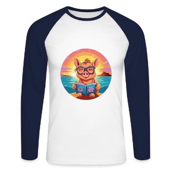 Cochon Mignon Drôle Dessin Animé Kawaii Livre Plage - T-shirt baseball manches longues Homme - blanc/marine - Devant - Nik (191cm)