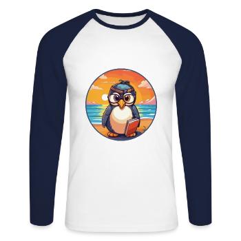 Pinguin Niedliche lustige Karikatur Kawaii Buch Strand - Unisex Baseballshirt langarm - Weiß/Navy - Vorne - Nik (191cm)