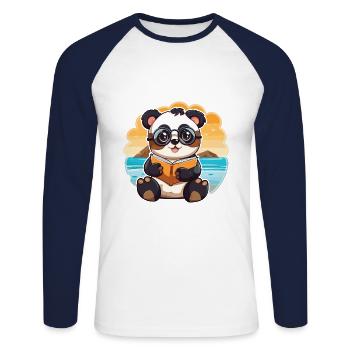 Panda Mignon Drôle Dessin Animé Kawaii Livre Plage - T-shirt baseball manches longues Homme - blanc/marine - Devant - Nik (191cm)