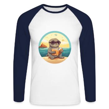 Siegel Niedliche Lustige Karikatur Kawaii Buch Strand - Unisex Baseballshirt langarm - Weiß/Navy - Vorne - Nik (191cm)
