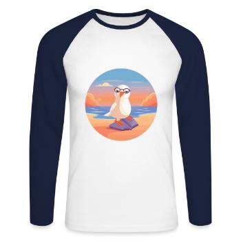 Mouette Mignon Drôle Dessin Animé Kawaii Livre Plage - T-shirt baseball manches longues Homme - blanc/marine - Devant - Nik (191cm)