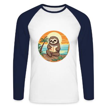 Faultier Niedliche Lustige Karikatur Kawaii Buch Strand - Unisex Baseballshirt langarm - Weiß/Navy - Vorne - Nik (191cm)
