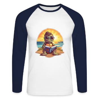 Turtle Cute Funny Cartoon Kawaii Book Beach - Unisex Long Sleeve Baseball T-Shirt - white/navy - Front - Nik (191cm)