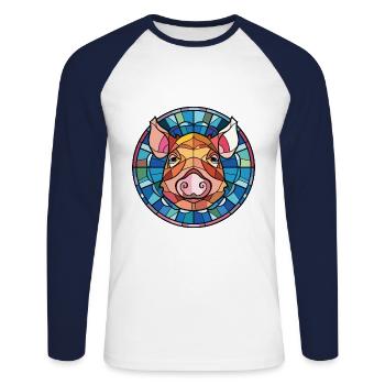 Pig Colorful Watercolor Animal Pet Illustration - Unisex Long Sleeve Baseball T-Shirt - white/navy - Front - Nik (191cm)