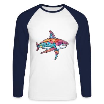 Shark Colorful Watercolor Animal Pet Illustration - Unisex Long Sleeve Baseball T-Shirt - white/navy - Front - Nik (191cm)