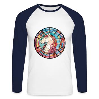 Einhorn bunte Aquarell-Tier-Illustration - Unisex Baseballshirt langarm - Weiß/Navy - Vorne - Nik (191cm)