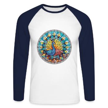 Peacock Colorful Watercolor Animal Illustration - Unisex Long Sleeve Baseball T-Shirt - white/navy - Front - Nik (191cm)