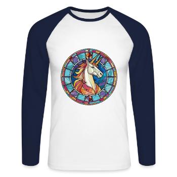 Einhorn bunte Aquarell-Tier-Illustration - Unisex Baseballshirt langarm - Weiß/Navy - Vorne - Nik (191cm)