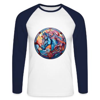 Pferd buntes Aquarell Tier Haustier Illustration - Unisex Baseballshirt langarm - Weiß/Navy - Vorne - Nik (191cm)