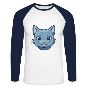 Illustration d’aquarelle de bande dessinée de chat bleu russe - T-shirt baseball manches longues Homme - blanc/marine - Devant - Nik (191cm)