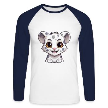 Léopard des neiges bébé chat dessin animé aquarelle Clipart - T-shirt baseball manches longues Homme - blanc/marine - Devant - Nik (191cm)