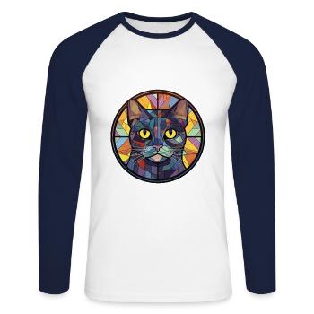 Chartreux Cat Colorful Watercolor Pet Illustration - Unisex Long Sleeve Baseball T-Shirt - white/navy - Front - Nik (191cm)